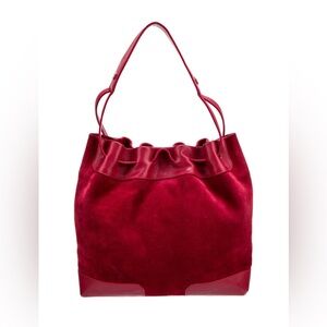 BURBERRY RED SUEDE AND LEATHER DRAWSTRING BUCKET BAG VINTAGE EUC